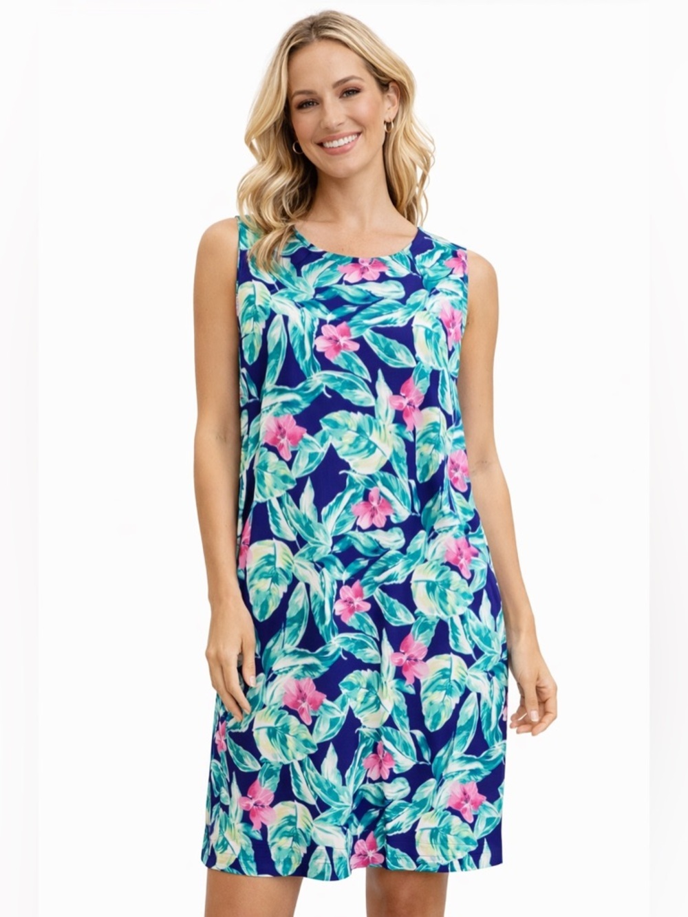 Tropical Shift Dress Resort Sleeveless Stretch Pappagallo Pink Green Blue 2XL